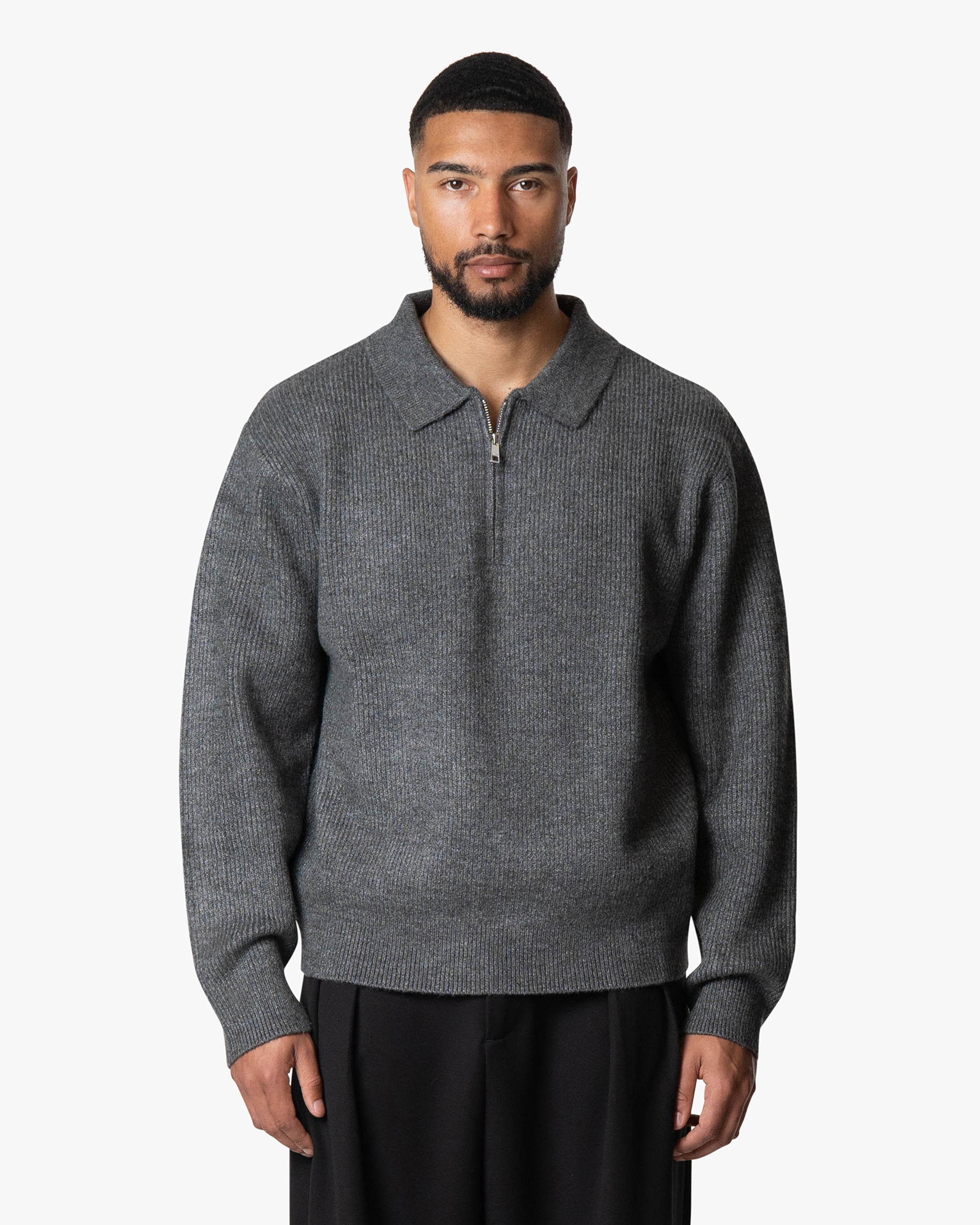 Levante Knitted Half-Zip Polo Sweater - Grey Melee | Menyard ®
