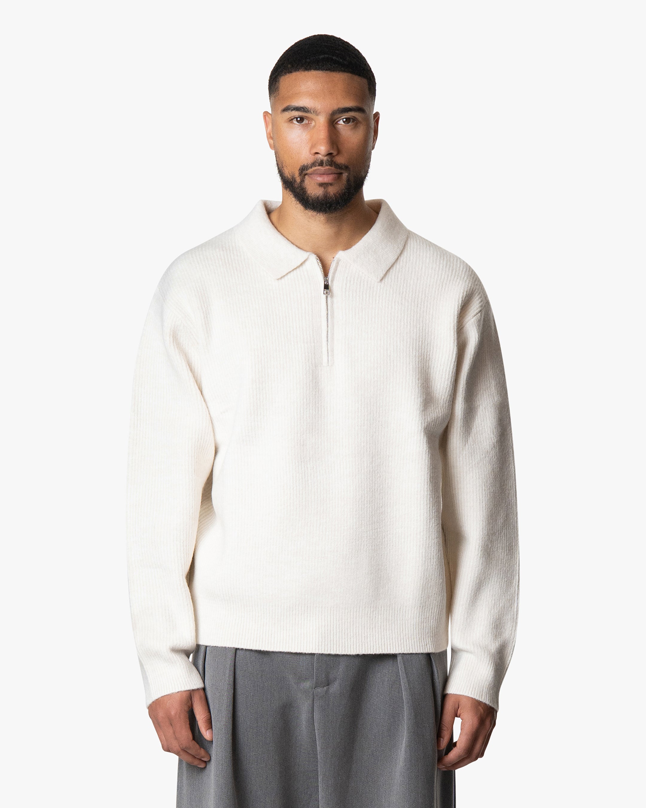 Levante Knitted Half-Zip Polo Sweater - Ecru | Menyard ®