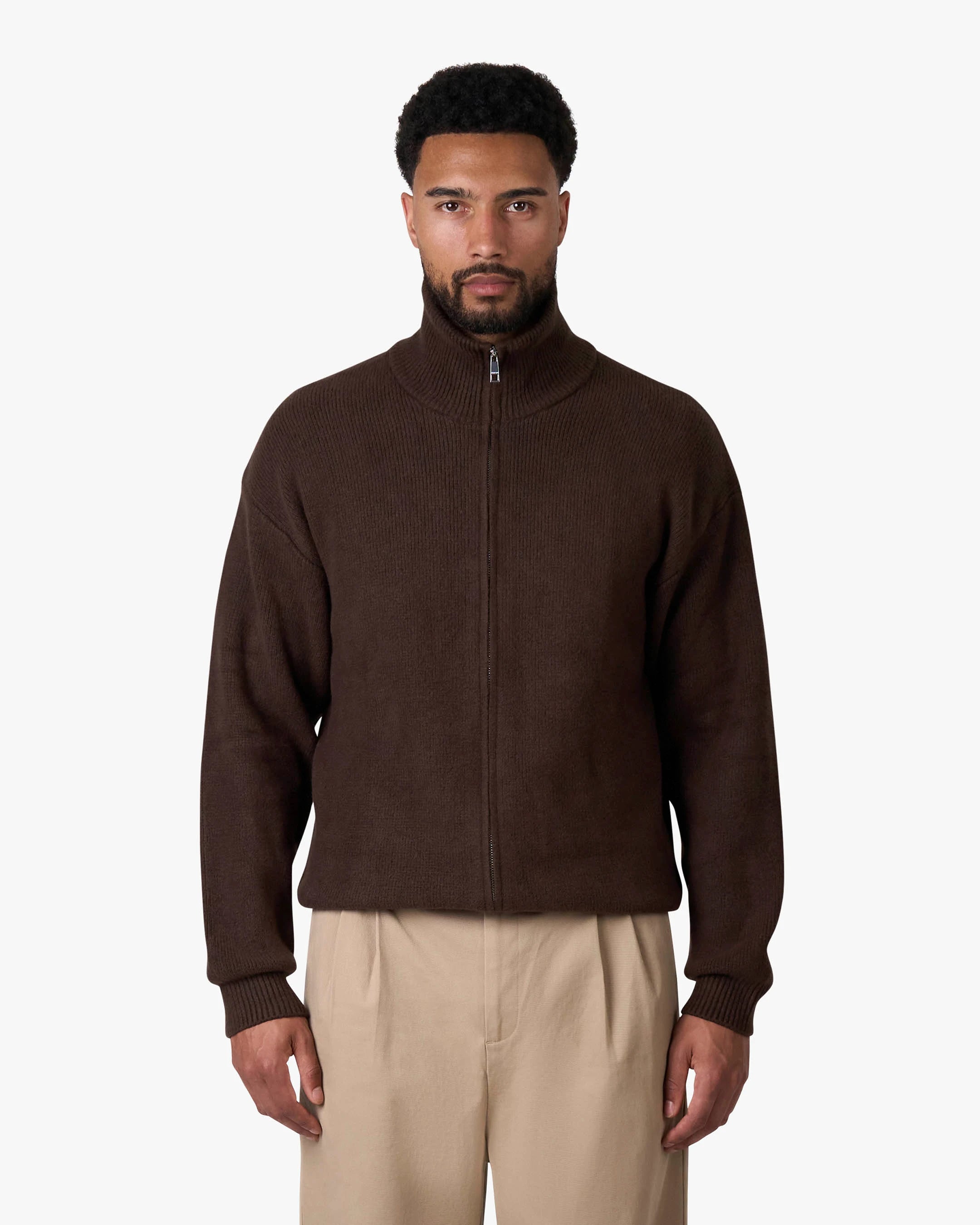 Ventura Cotton Zip-Up Cardigan - Dark Brown | Menyard ®