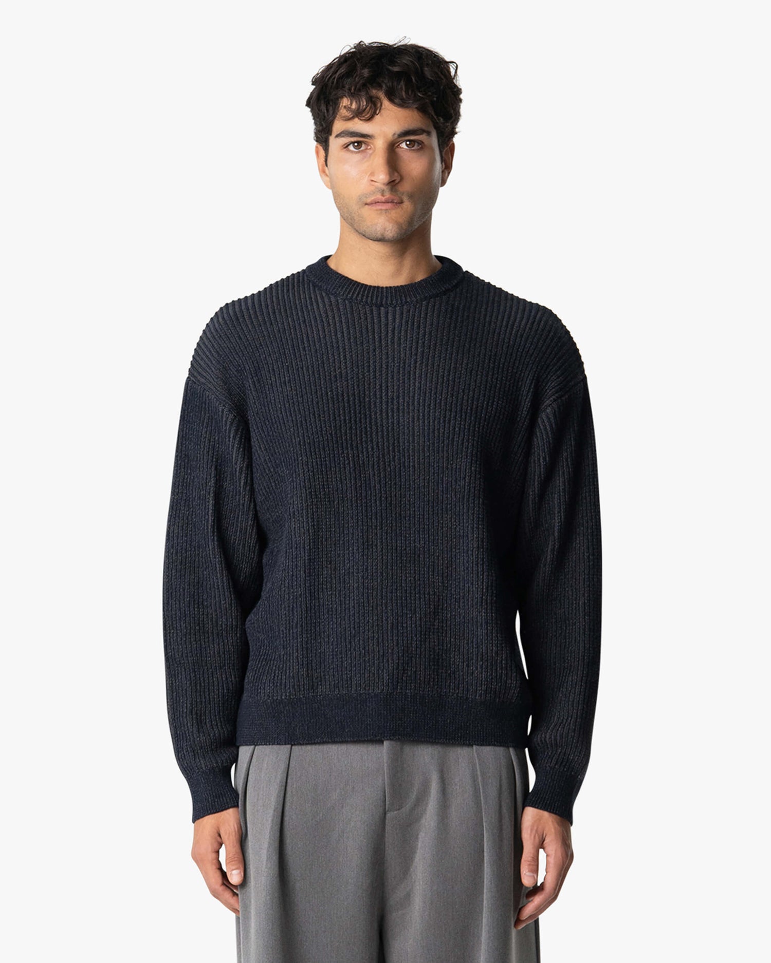 Lima Boxy Knitted Cotton Sweater | Navy/Grey