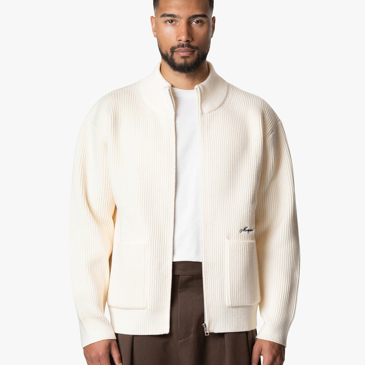 Giacca Heavy Knitted Zip-Up Cardigan - Ecru | Menyard ®