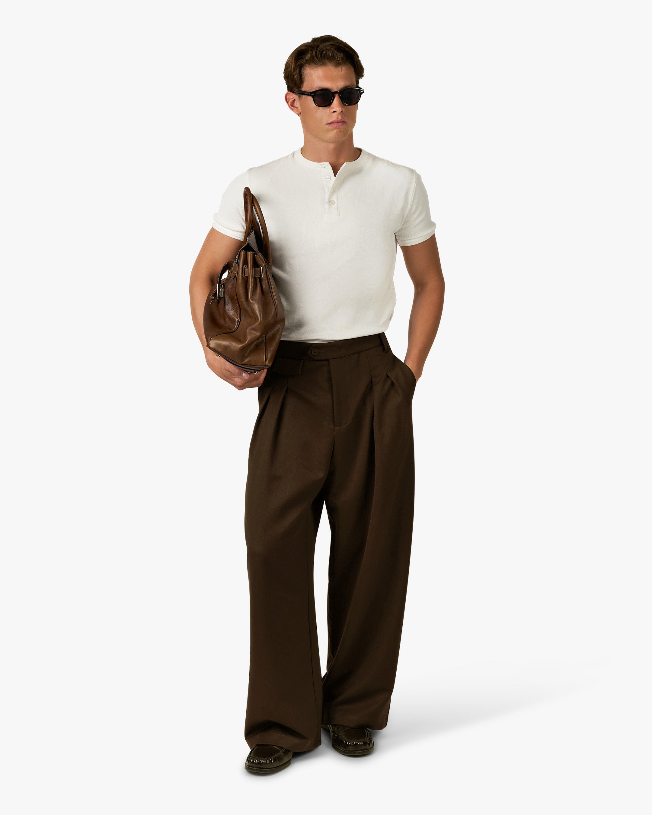 Ambra Pleated Loose-Fit Pants | Brown