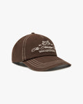 Heritage Club Cap in brown, front angle showing the embroidered crest