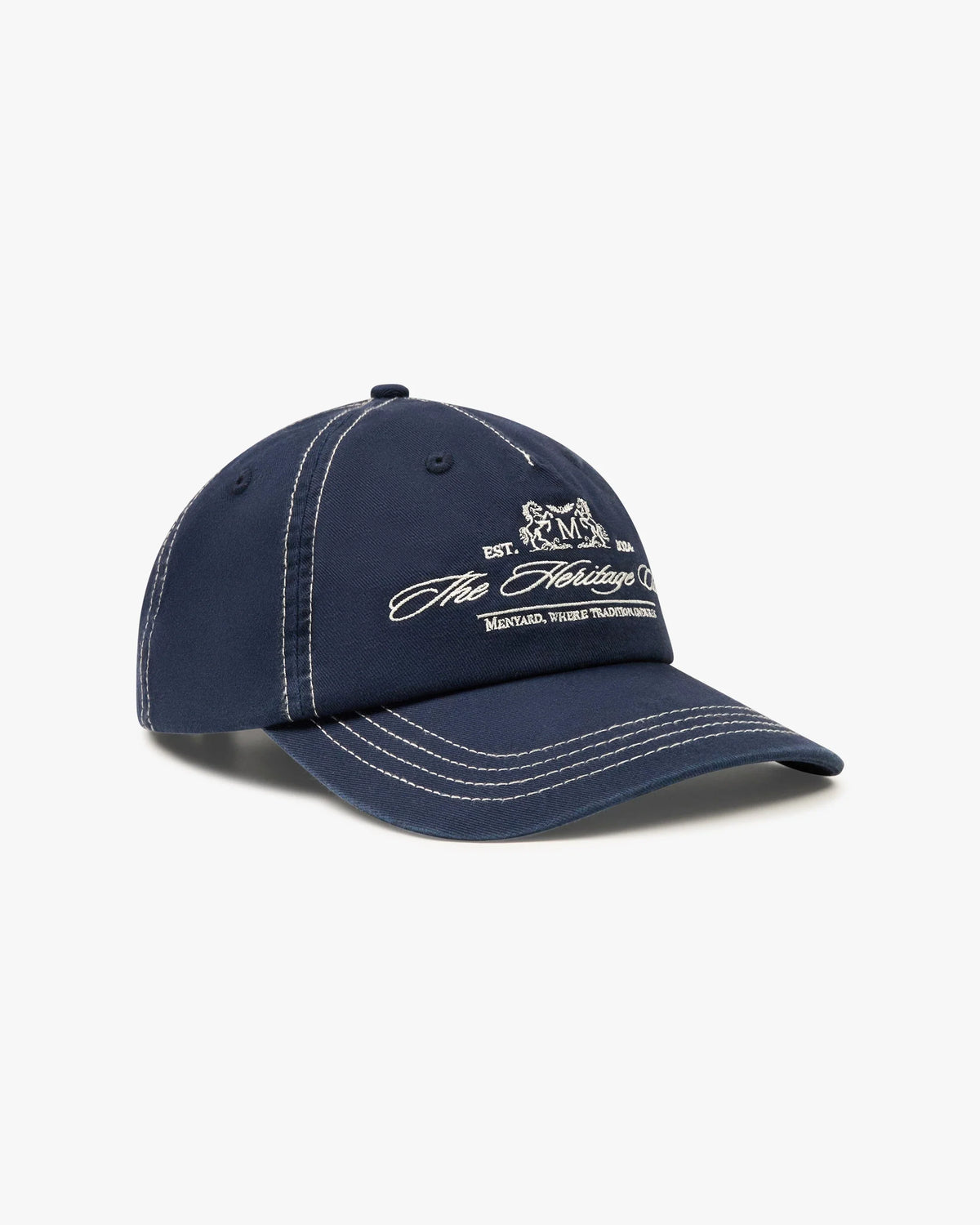 Heritage Club Cap in navy, front angle showing the embroidered crest