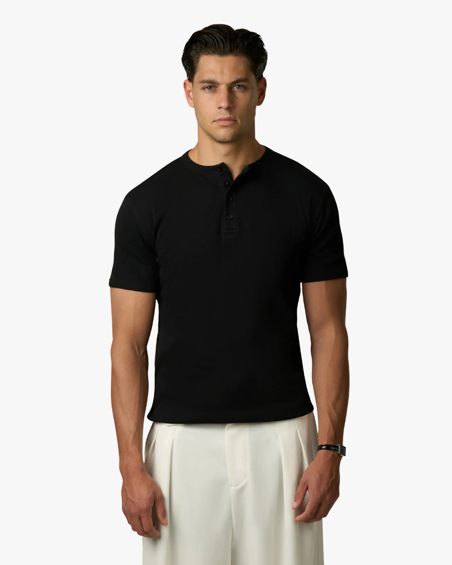 Mougins Ribbed Henley T-Shirt | Black