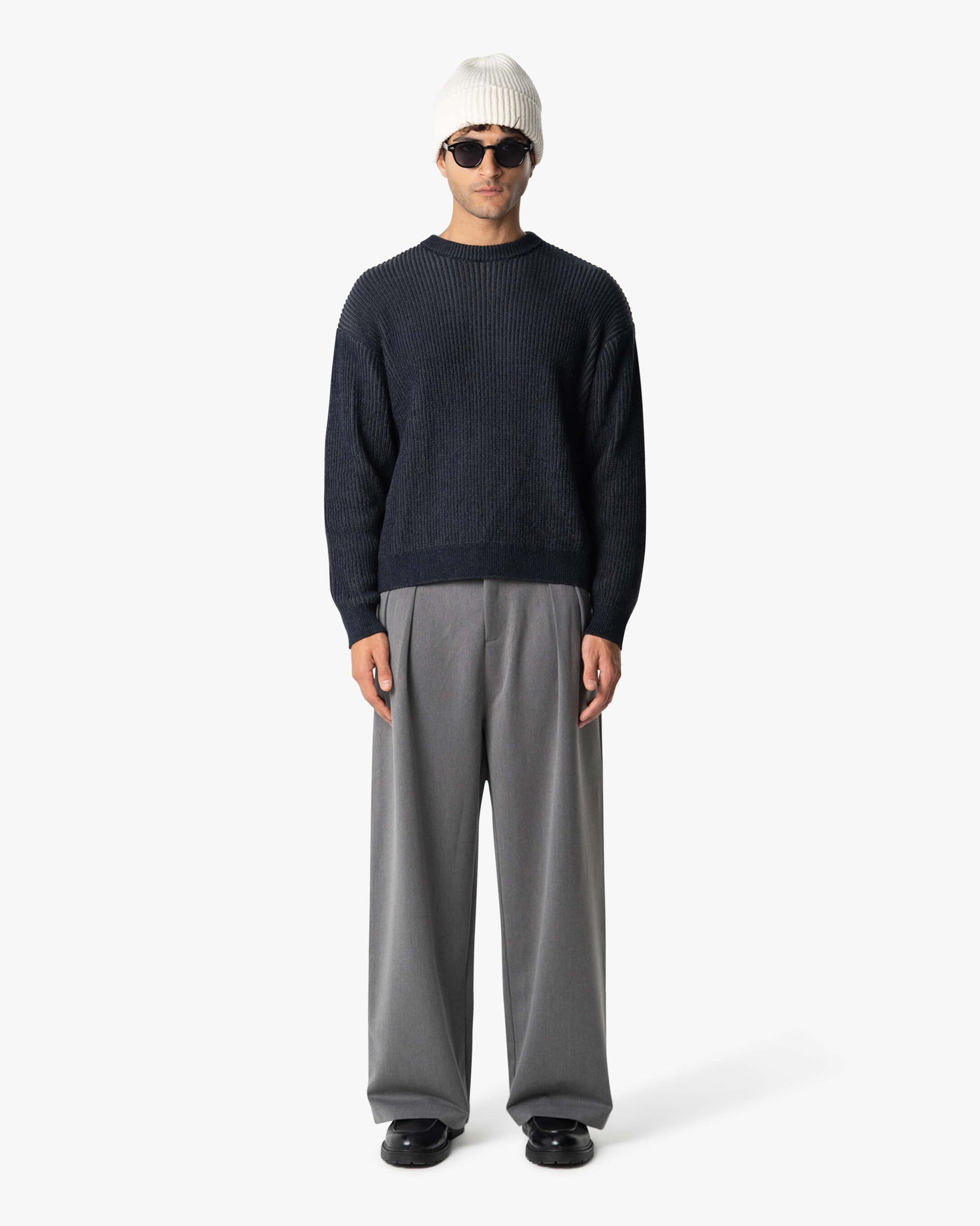 Lima Boxy Knitted Cotton Sweater | Navy/Grey