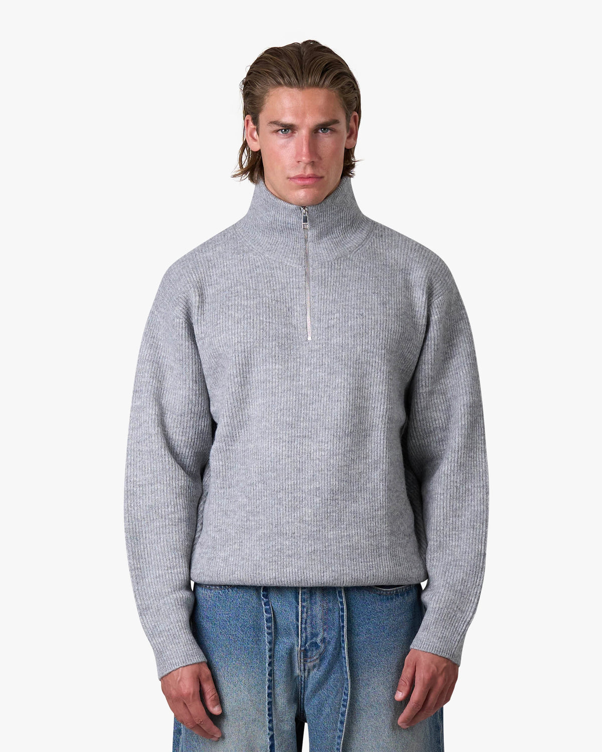 Sontuso Knitted Half-Zip Sweater | Light Grey Melee