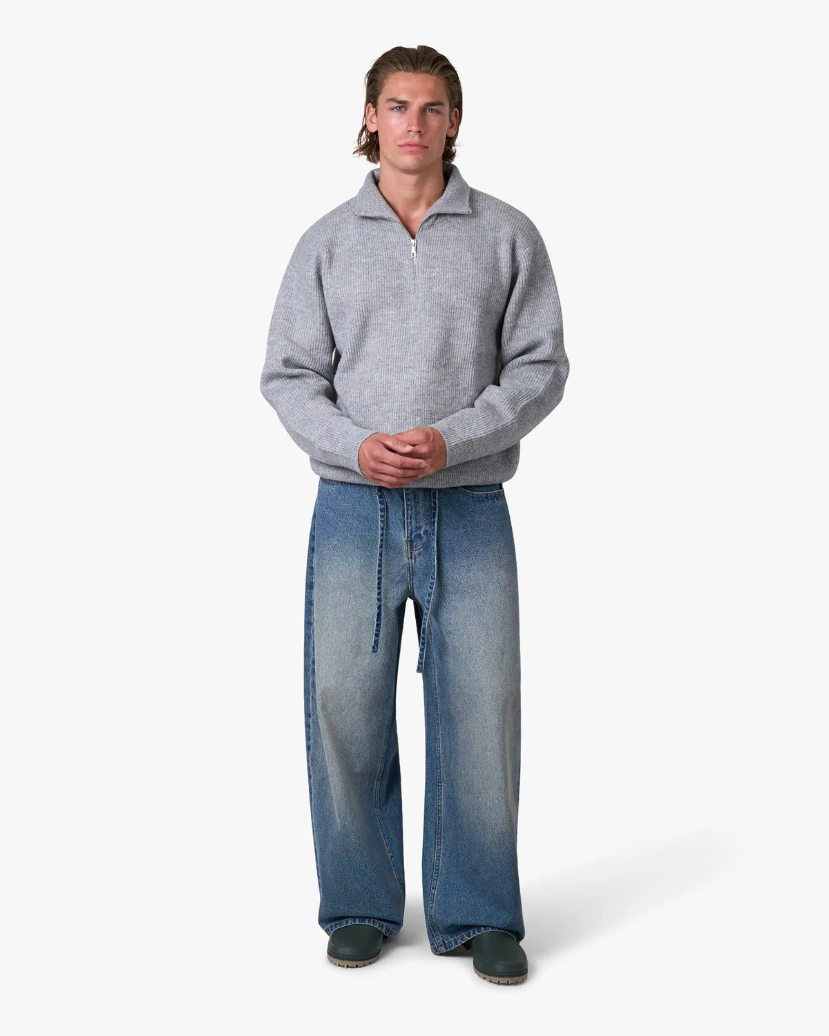 Sontuso Knitted Half-Zip Sweater | Light Grey Melee